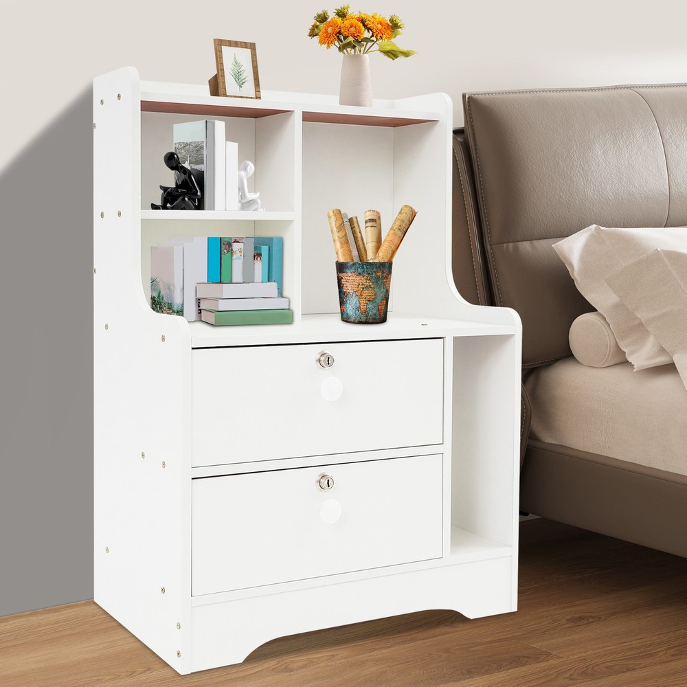 2 Drawers Nightstand, Side Table, White Storage Cabinet, Bedside Table W/ 4*Keys