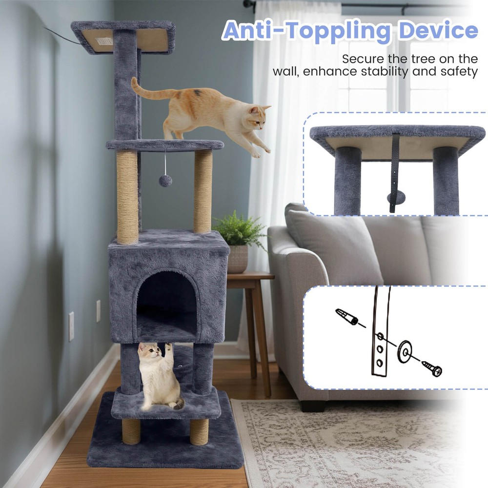64” Tall Cat Tree with 2 Large Condos, Jute Scratching Posts, Plush Top Perch
