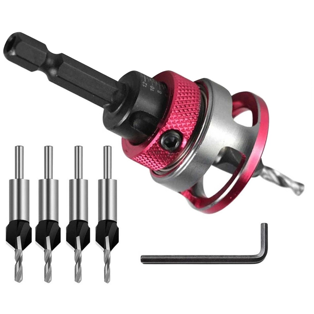 6PCS Woodworking Countersink Drill Bit Set with Adjustable Depth Stop Control
