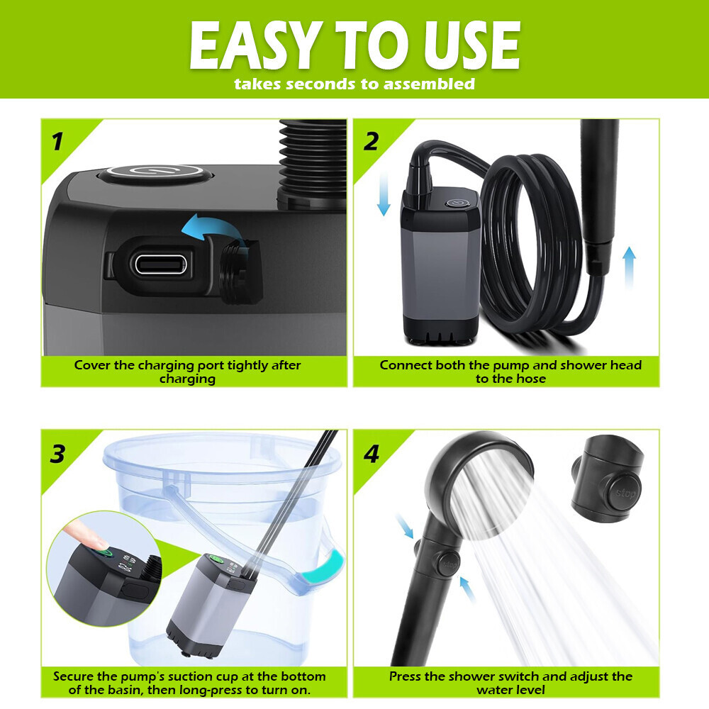 Portable Camping Shower 6000mAh Rechargeable Filter Pump Outdoor Hiking Travel