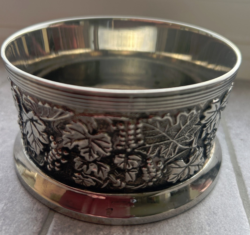 Vintage Silver Plate Wine Bottle Coaster Grapevine Pattern