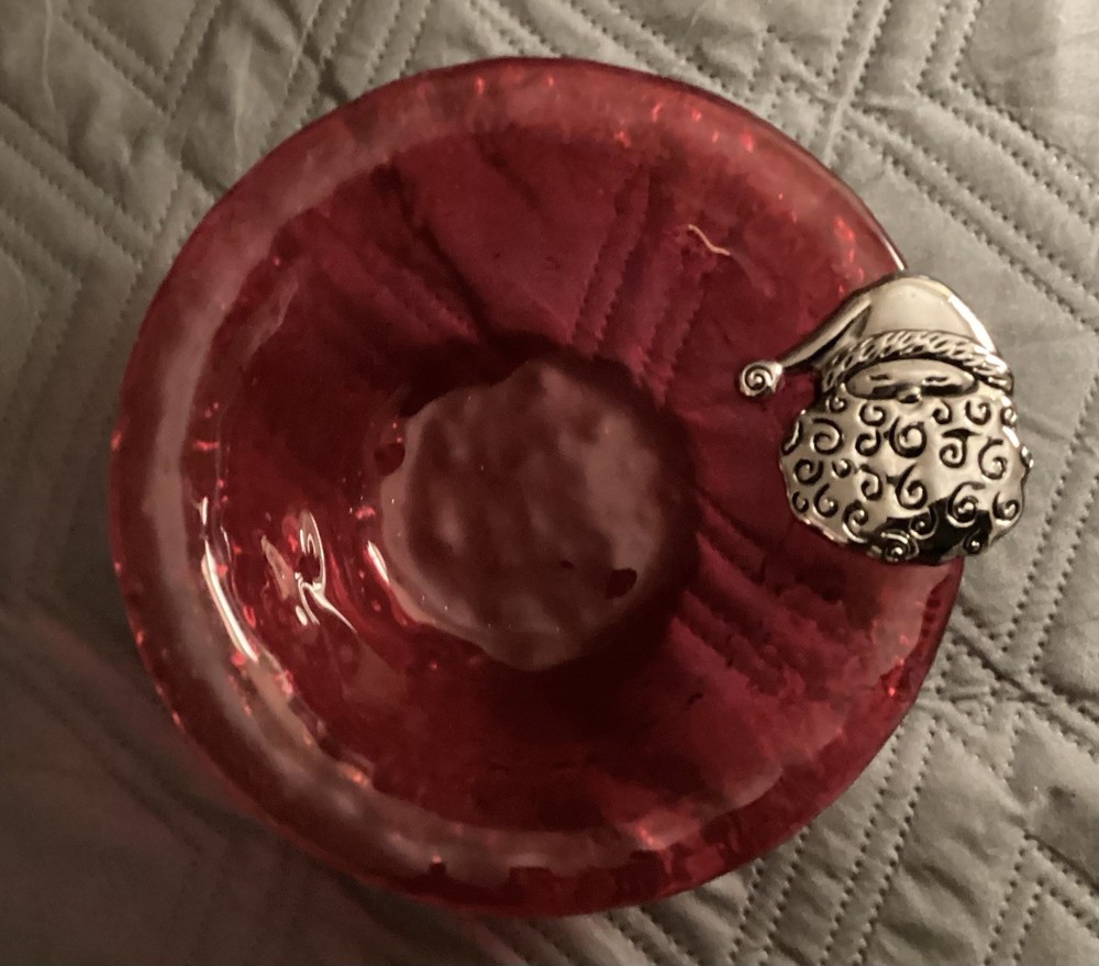Ruby Red Candy Dish With Metal Santa Attached To Side