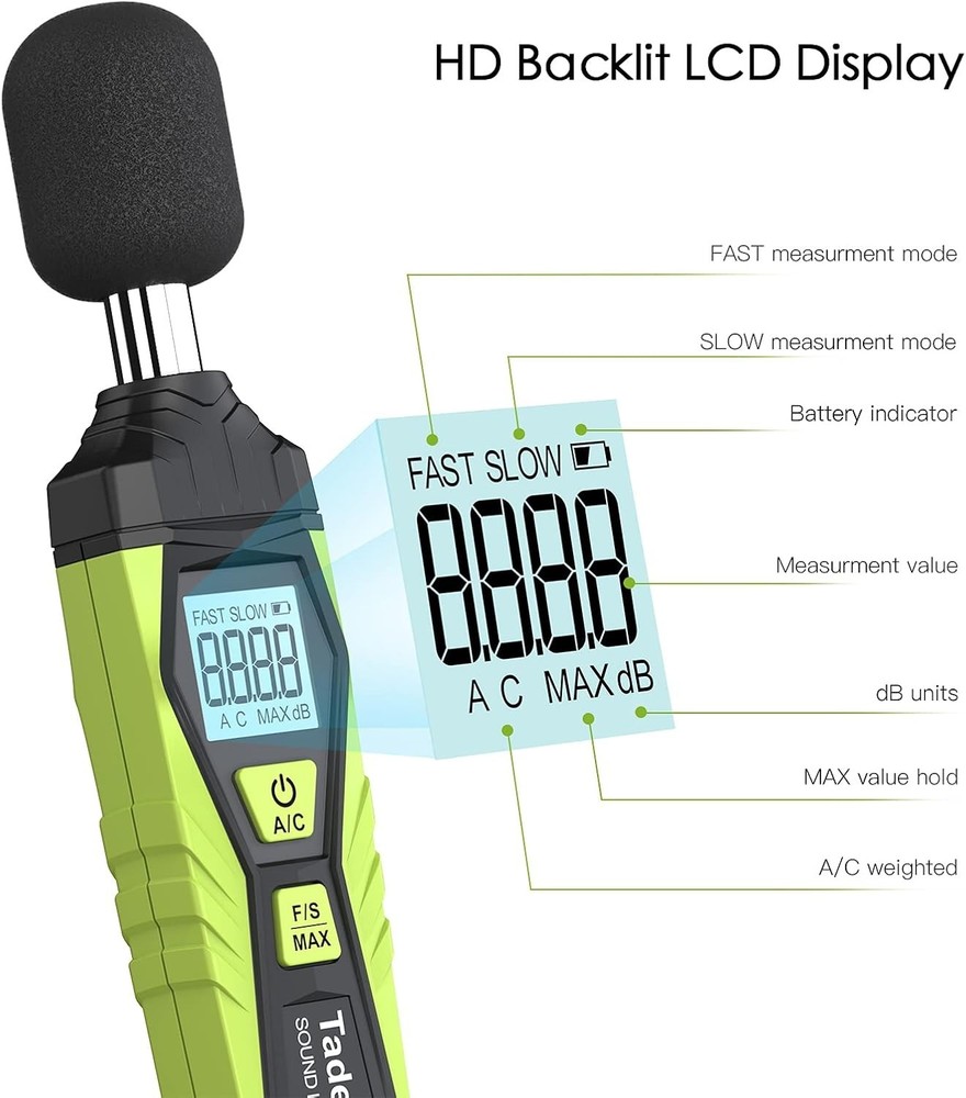 Digital Sound Level Meter with LCD Display, A/C Weighted Measurement Range