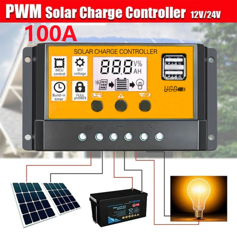 100A PWM Solar Charge Controller LCD 12V/24V Lithium Battery Panel Regulator USA