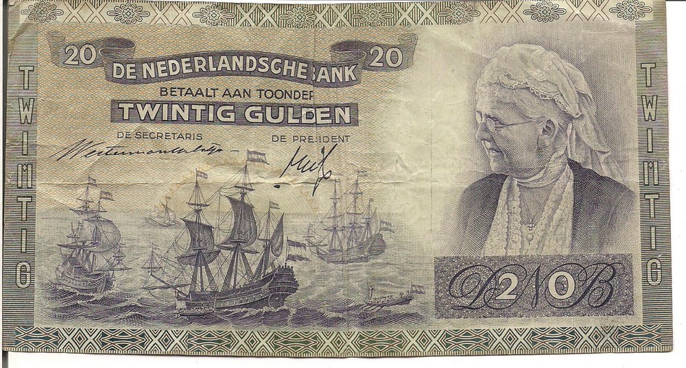 NETHERLANDS , 20 GULDEN, Queen Emma @ r, 1941
