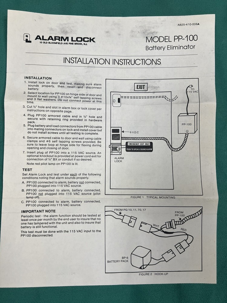 Alarm Lock PP-100 Battery Eliminator for Exit Device New