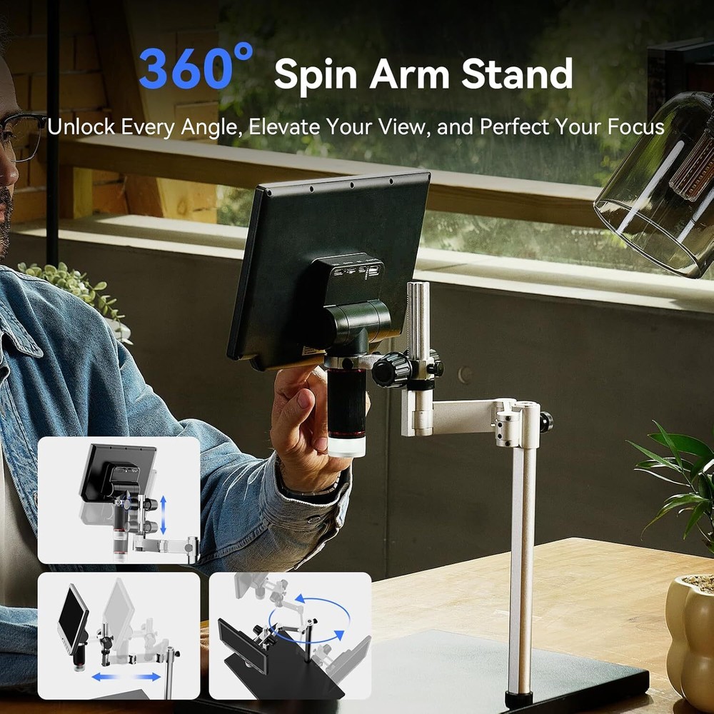 TOMLOV 4K LCD Digital Microscope 2000X Coin Microscope 10.1'' HDMI 52MP Spin Arm