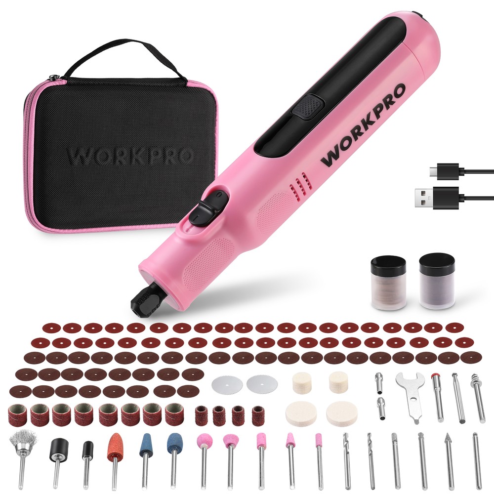 WORKPRO Cordless Rotary Tool, 8V Rotary Tool Kit with 117 Accessories-Pink