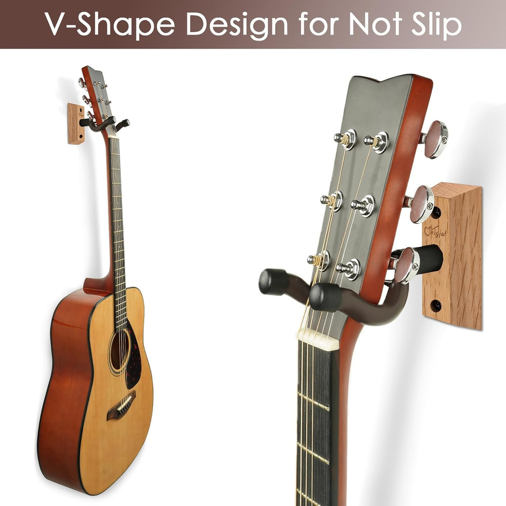 Guitar Wall Mount 2 Pack, Rotatable Solid Wood Hanger with Screws, V-Shaped Hook