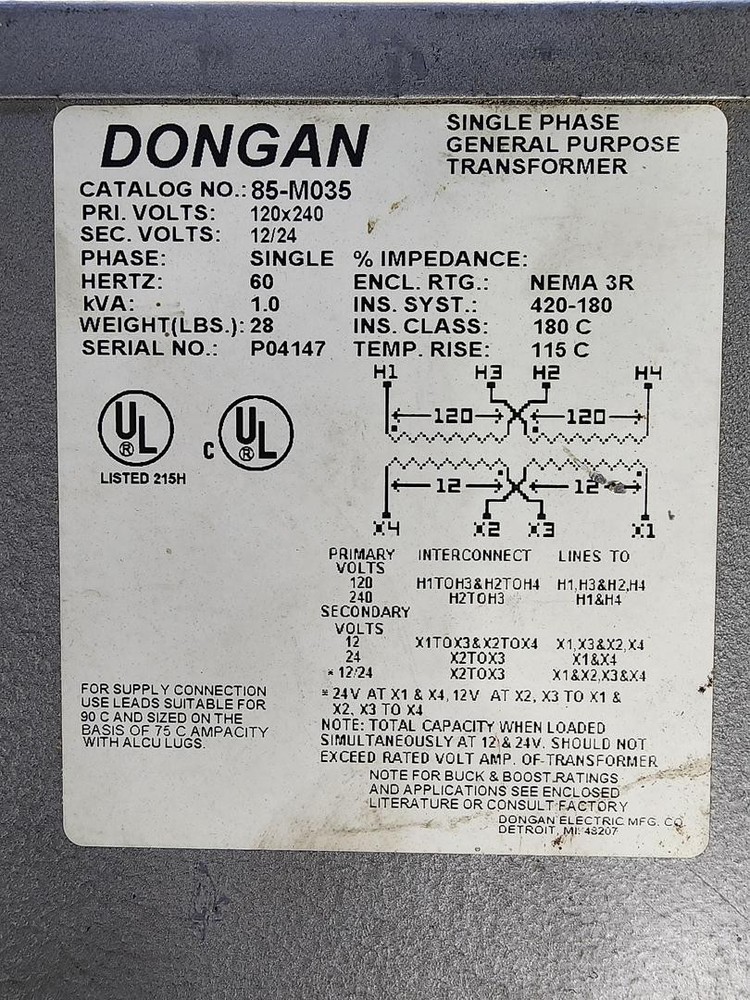 Dongan 85-M035 120/240 V Single Phase Transformer