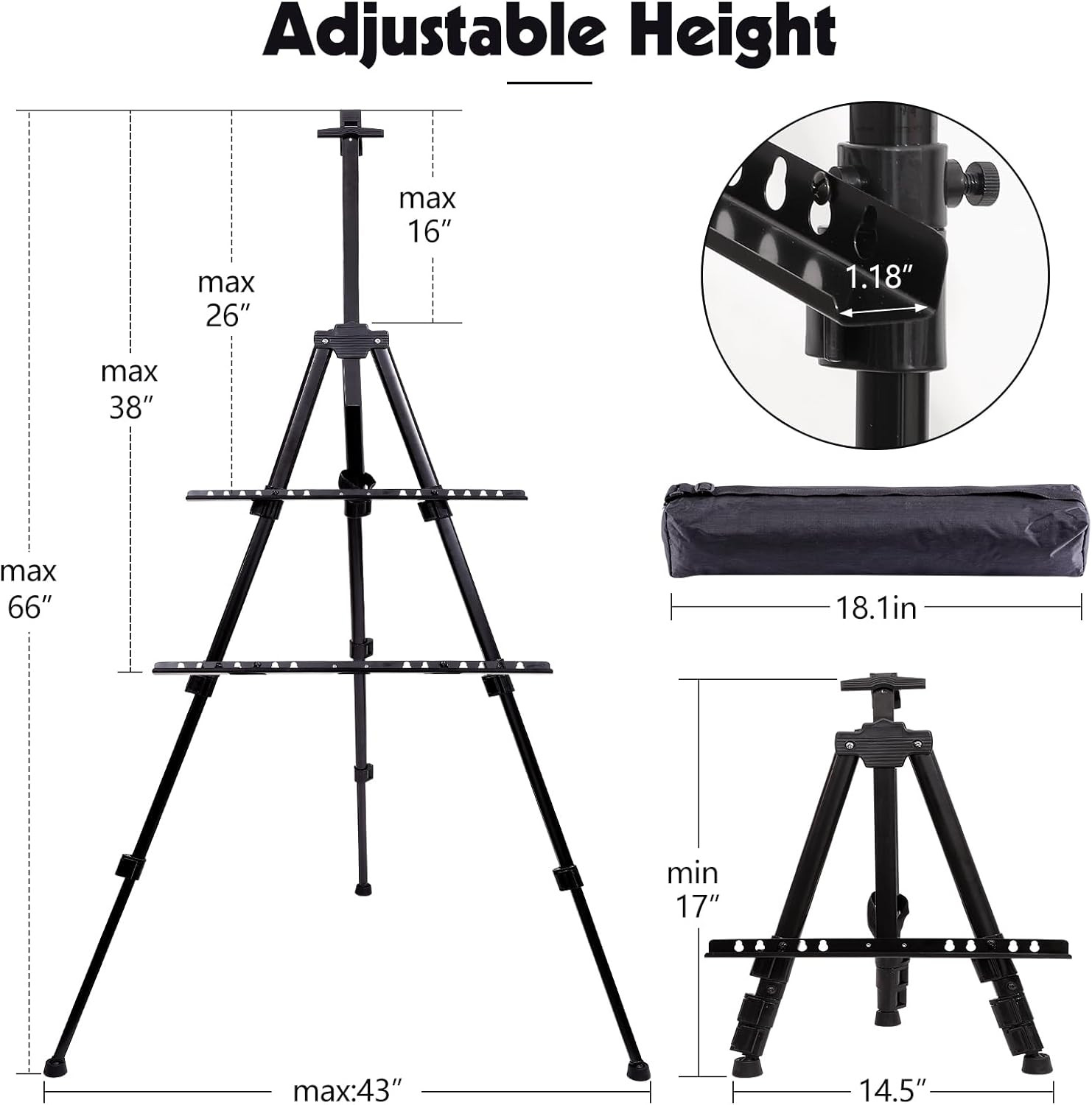 2 Pack Adjustable Art Easel Stand for Painting & Display, 17-66in Aluminum Metal