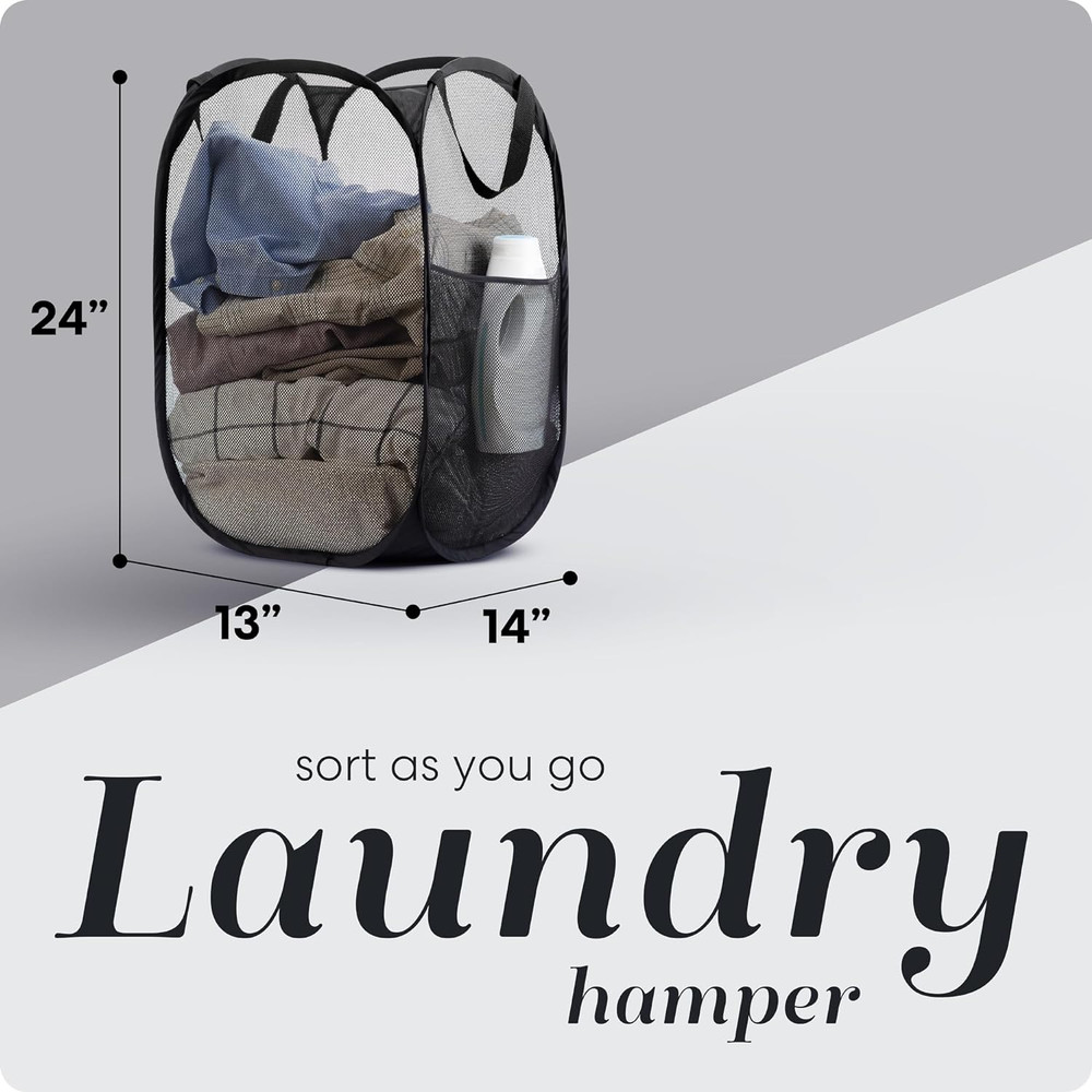 Pop Up Laundry Hamper Basket with Side Pocket – Foldable Fabric Bin for Clothes
