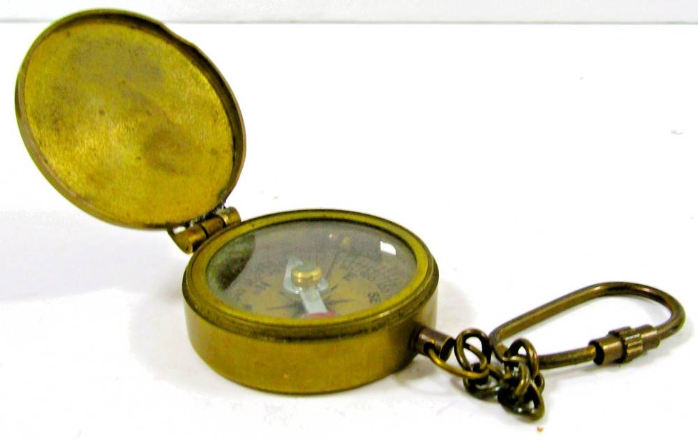 Antique Brass Lidded Compass with Keychain 1 3/4" Diameter