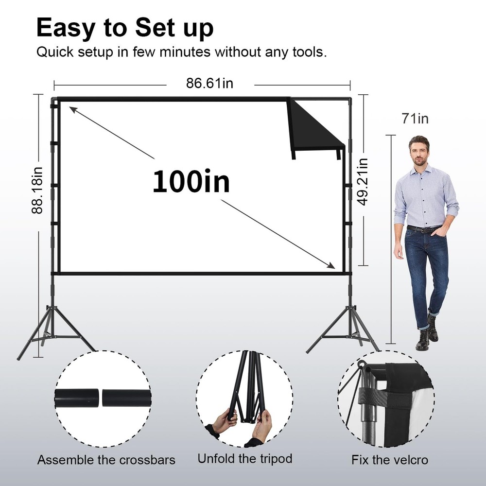 Projector Screen with Stand, 100 inch Portable Projector Screen Black Backing...