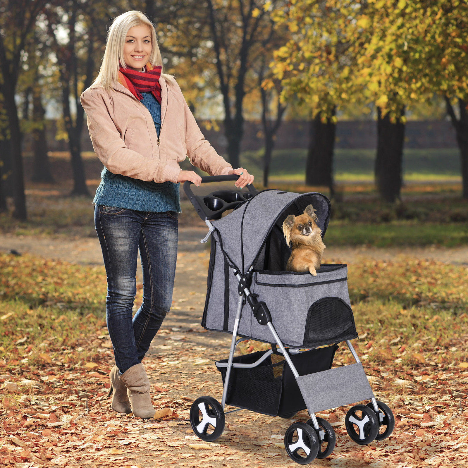 Foldable Carrier Strolling Cart 4 Wheel Pet Stroller for Dog w/ Cup Holder Gray