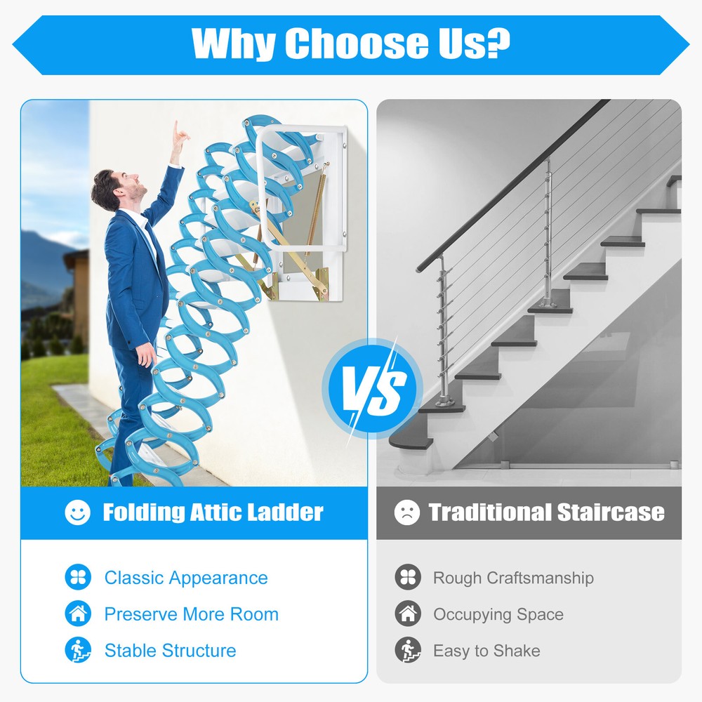 12 Steps Attic Ladder Folding Loft Ladder Wall Mounted Pull Down Attic Stairs