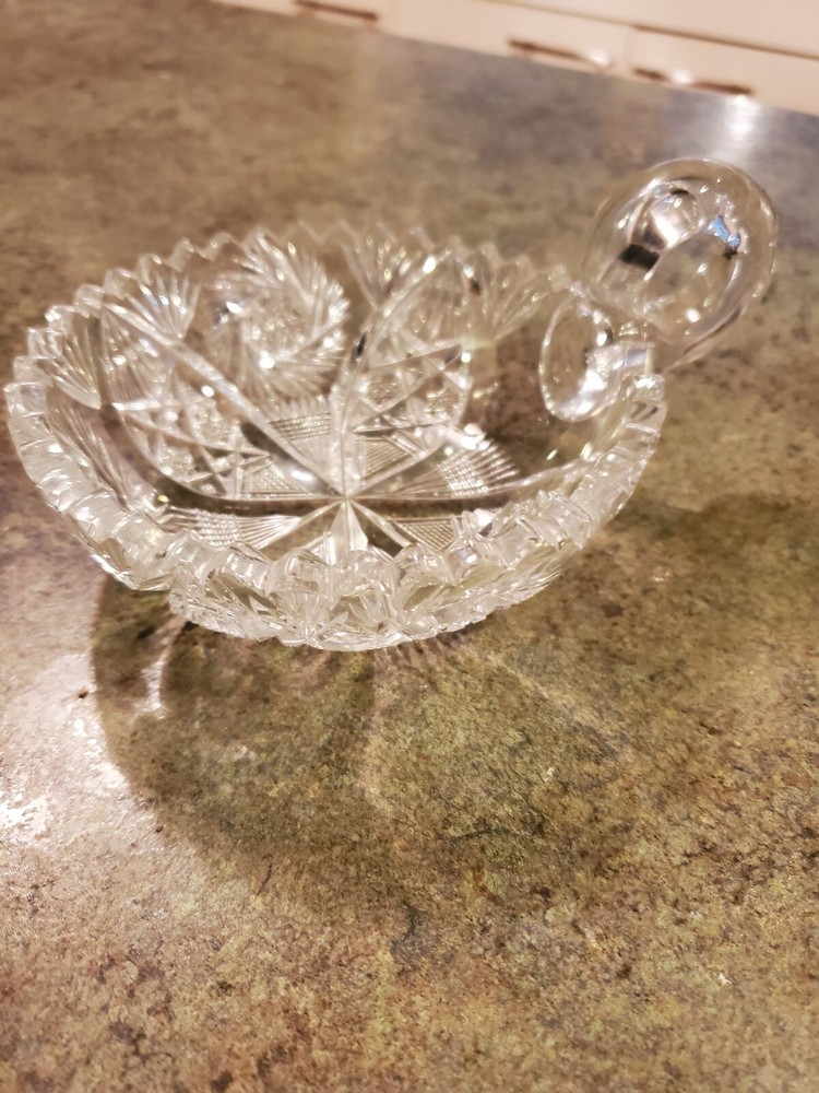 Antique Cut Sharp Crystal Glass Handled Bon Bon Candy Dish 5"