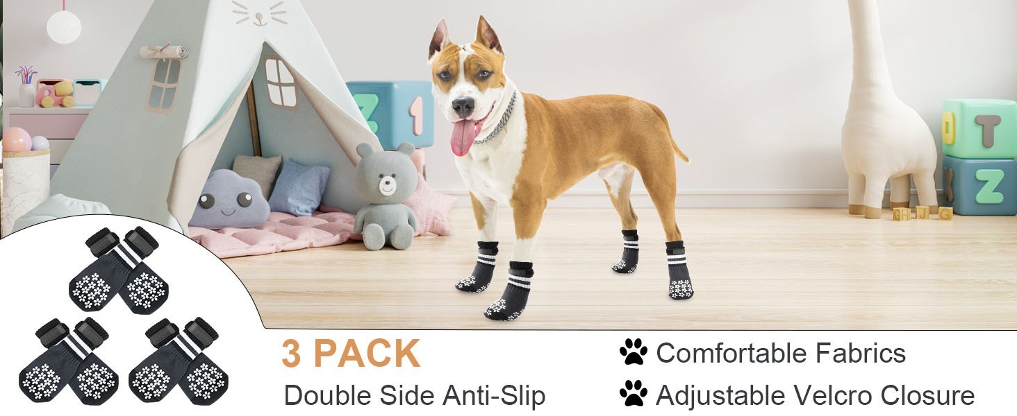 Double Side Anti-Slip Dog Socks 3 Pairs Dog Grip Socks with Adjustable Strap (M)