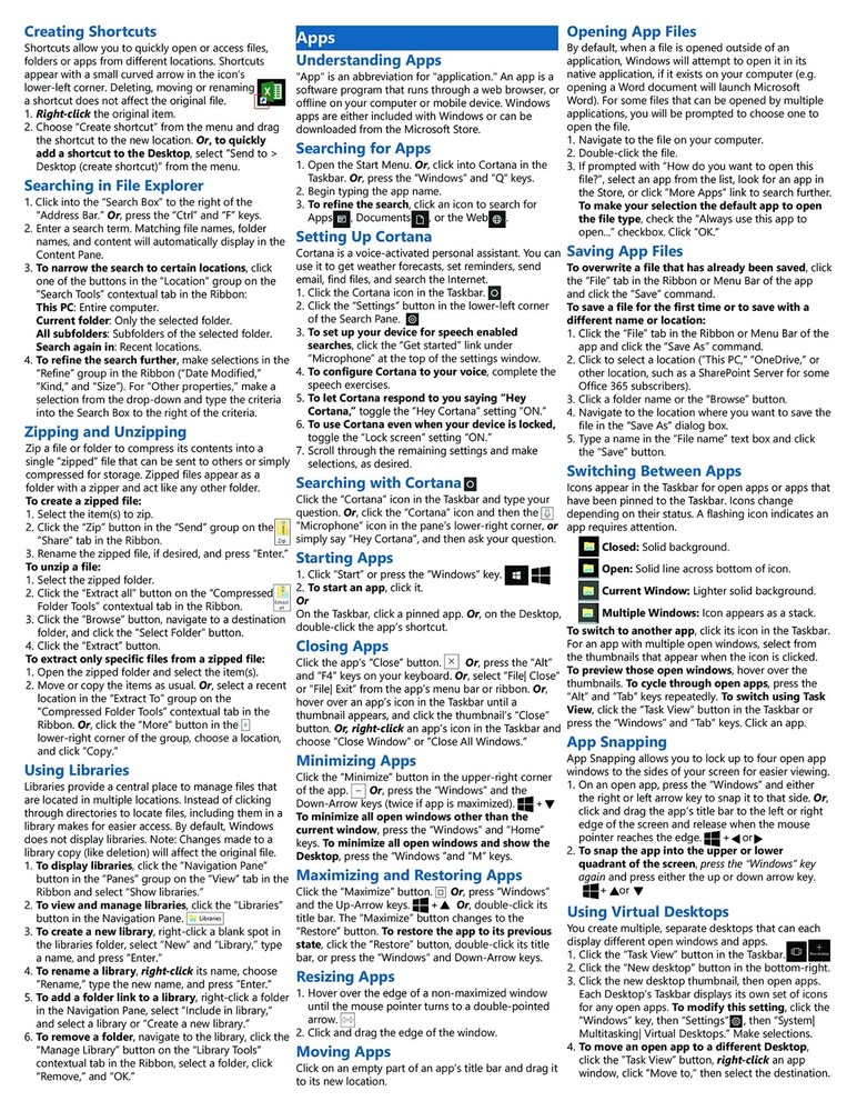 Windows 10 Training Guide Quick Reference Card 4 Page Cheat Sheet Instructions