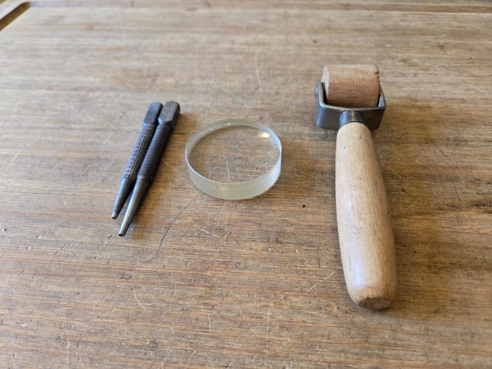 Vintage Small Tool- Punches- Roller + Magnifying Lens - Tool lot