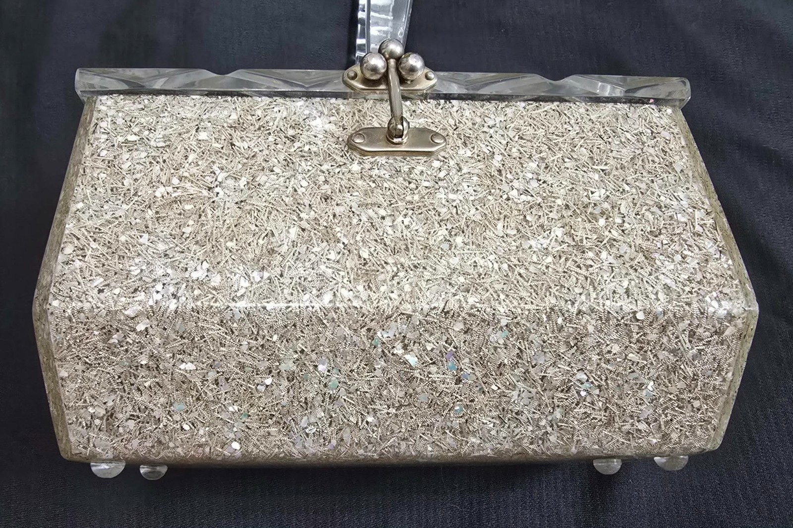 Vintage Charles S. Kahn Lucite Glitter Box Purse 1950s Crystal Cut Top & Handle