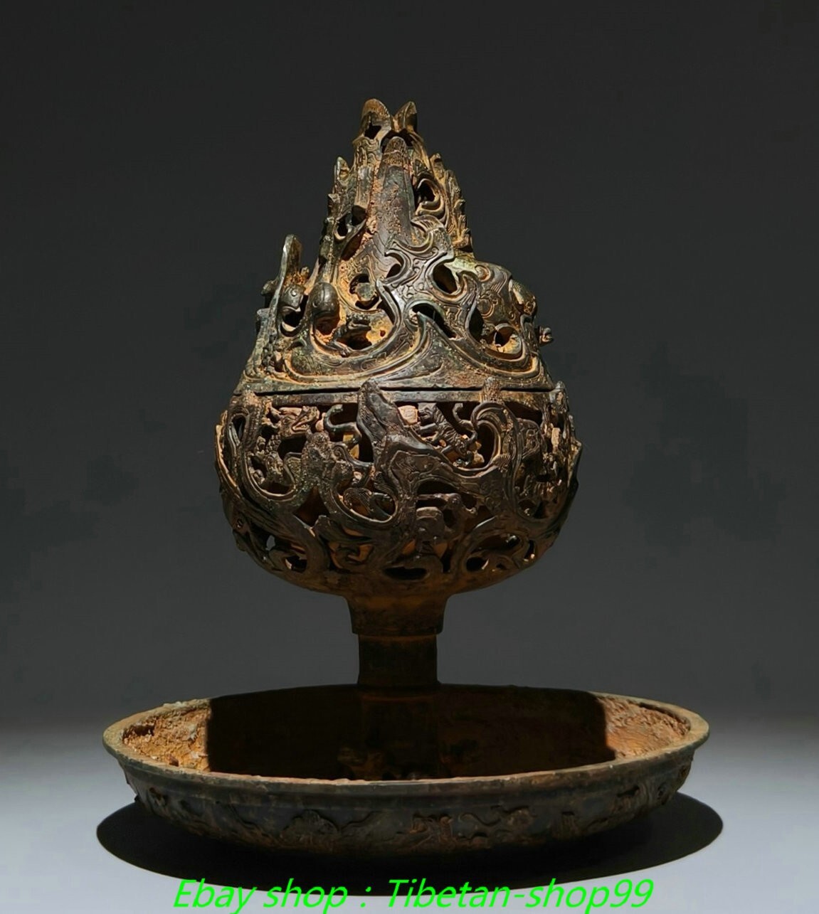 11.4"Old Dynasty Bronze Ware Dragon Hollow out Boshan Incense Burner Censer