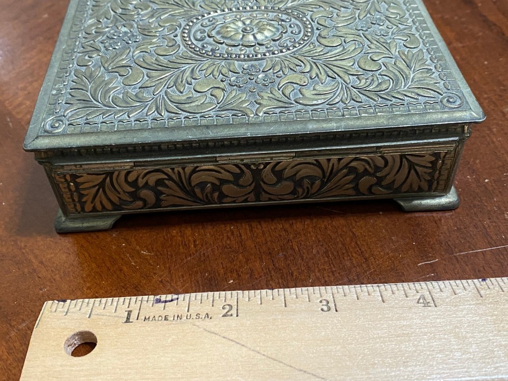 Vintage Silver Tone Cigarrete Box Floral Theme Japan Rectangular Hinge Lid