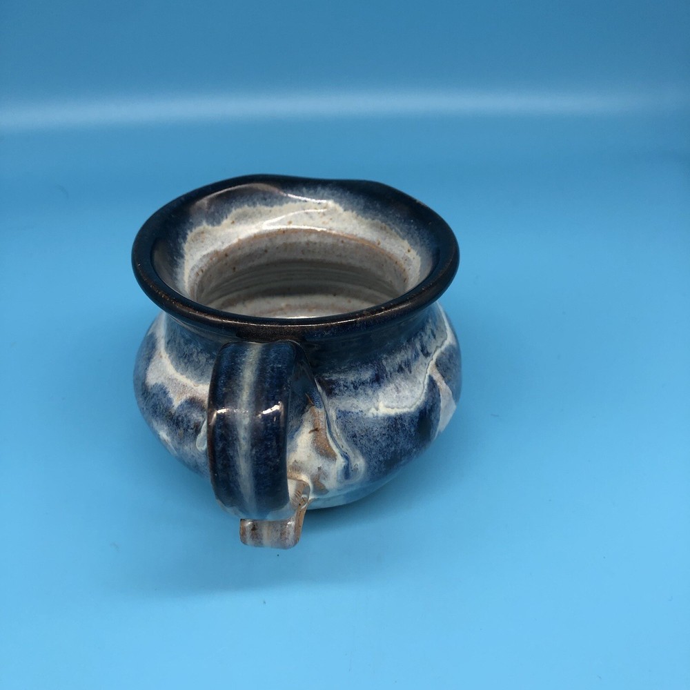 Studio Art Pottery Blue White Glaze Short Pitcher Butterfly Pattern