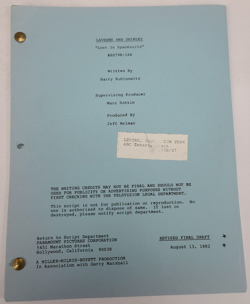 LAVERNE & SHIRLEY / Barry Rubinowitz 1982 TV Script, "Lost in Spacesuits"