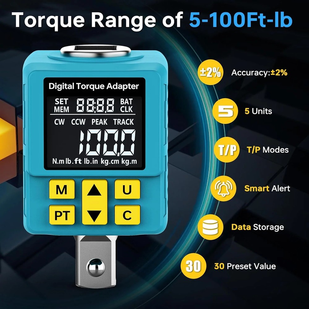 Upgrade 1/2" Digital Torque Adapter, (±1% Accuracy, 5-100Ft-lb), Precision Digit