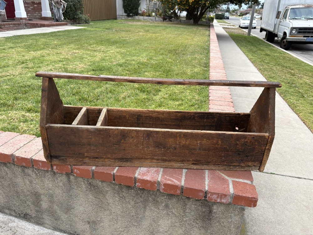 Vintage Handmade Wood Tool Caddy Tool Box Rustic Tray Extra Long.