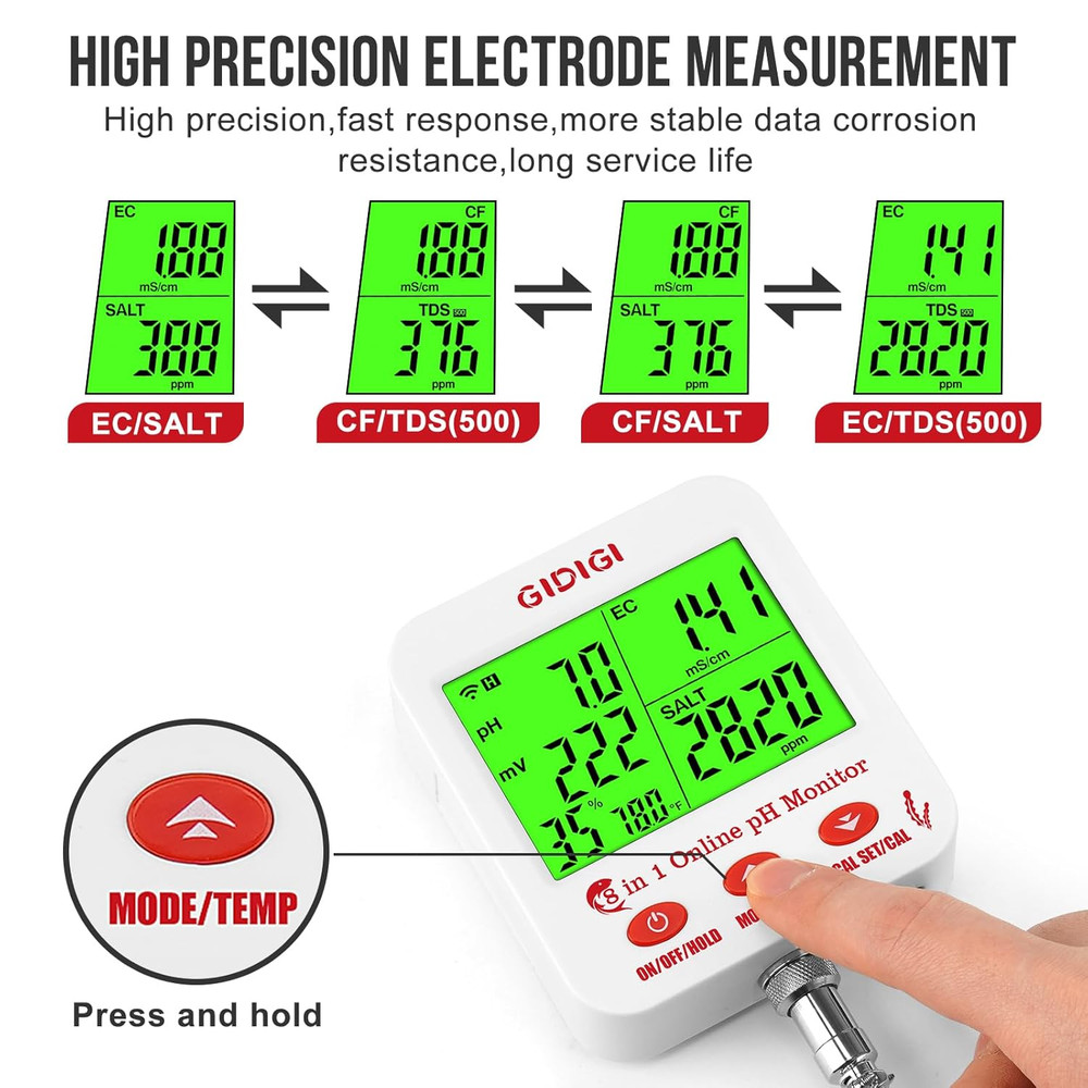 Digital Ph EC Meter Smart Hydroponics Ph Meter with Wifi for Real Time Large Scr