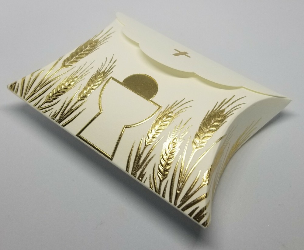 10 First Communion White & Gold Pillow Boxes