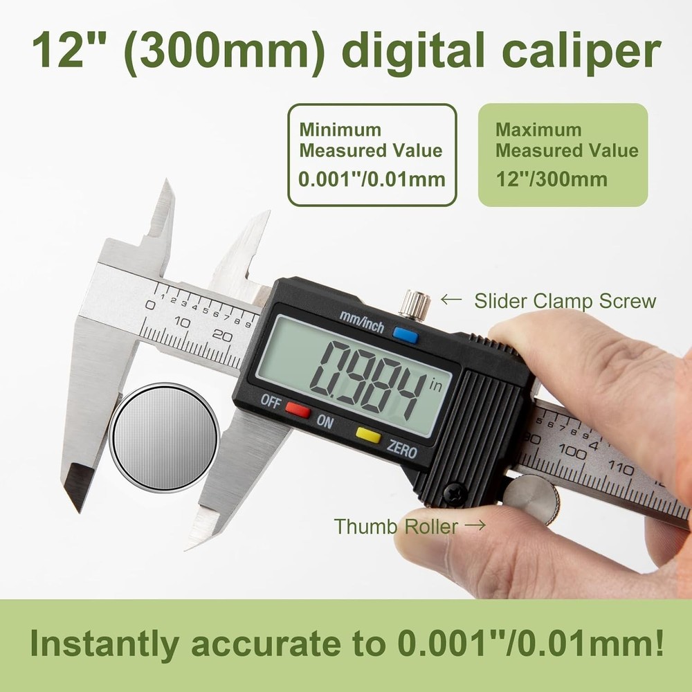 High-Precision 0-12" Digital Caliper with Auto-Off & Easy-to-Read LCD Display