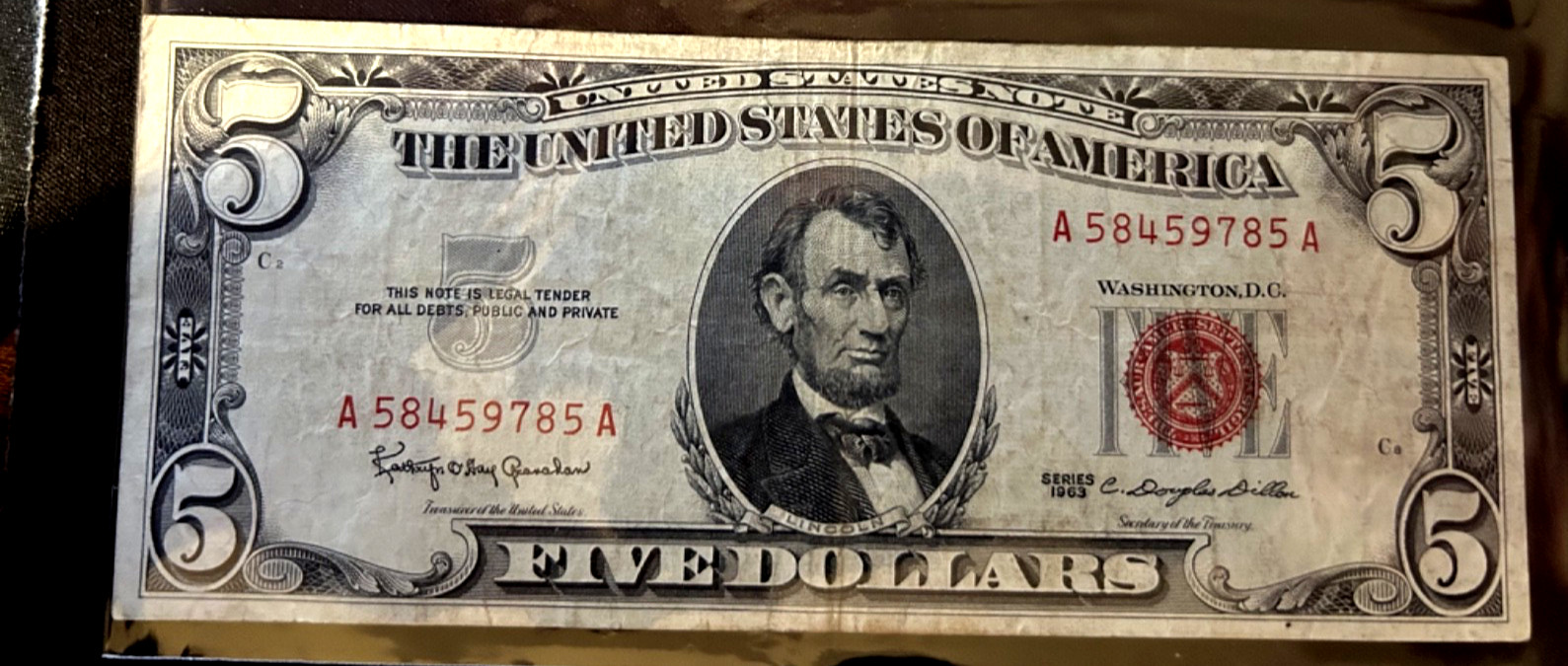 1963 FIVE DOLLAR RED SEAL CIRCULATED NOTE $5