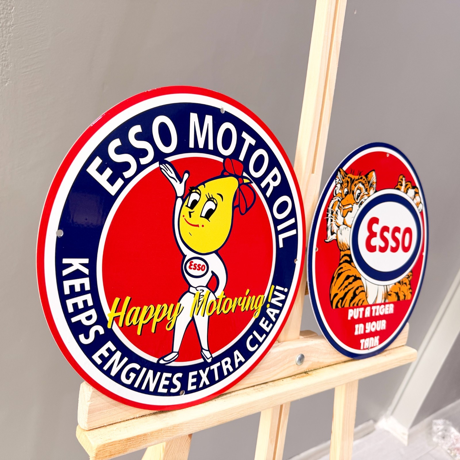 Esso Vintage Metal Sign Set of 2 Happy Motoring Female & Tiger – 30 cm / 11.8”