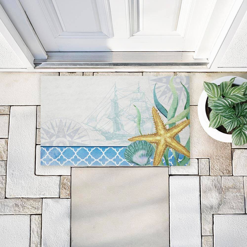 Bayside Sea Life & Ship Blue 18 In. X 30 In. Polyester Non-Slip Outdoor Door Mat