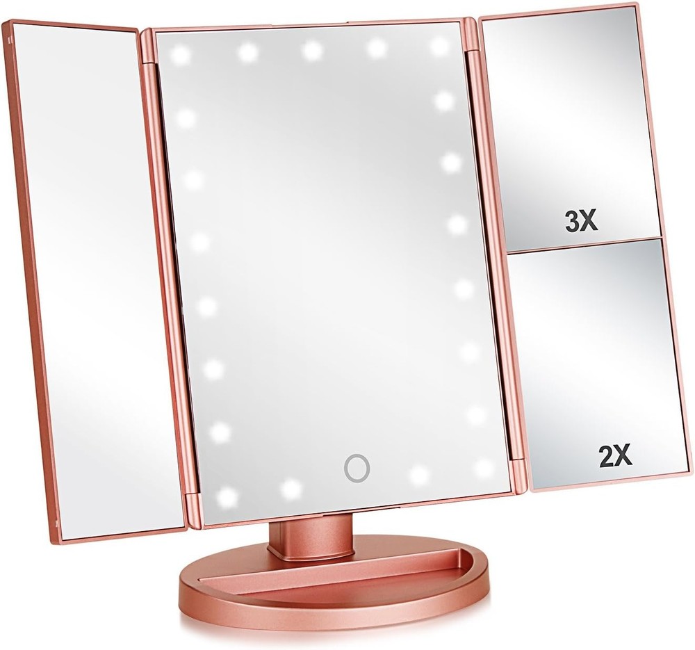 Tri-fold Lighted Vanity Makeup Mirror W/ 3x/2x Magnification,Light up Mirror