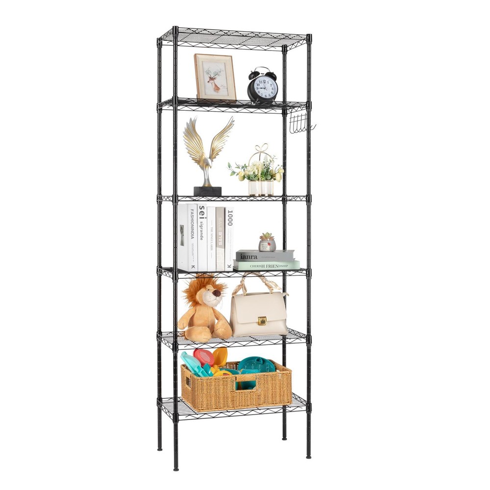 65" Adjustable Rolling Storage Rack 6-Tier Wire Shelving Unit with Hanging Hooks