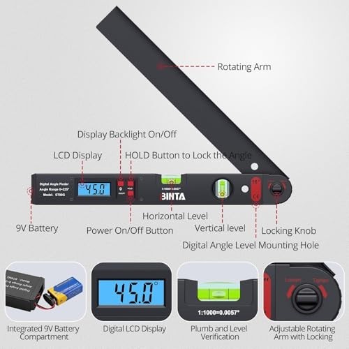 Digital Angle Finder Protractor 0-225° Range, Backlit LCD, Dual Bubble Level, St