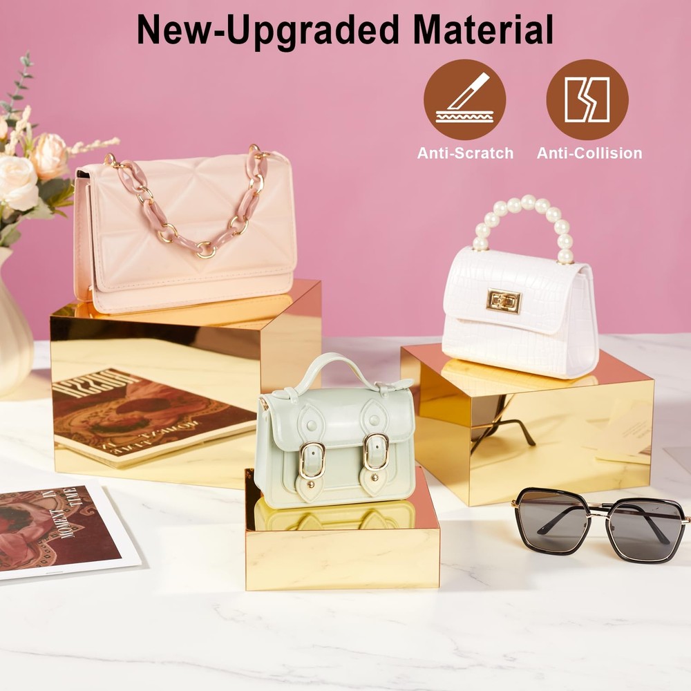 Jolboldy 3 Pcs Gold Acrylic Risers Display Stands, Mirrored Nesting Cube Boxe...