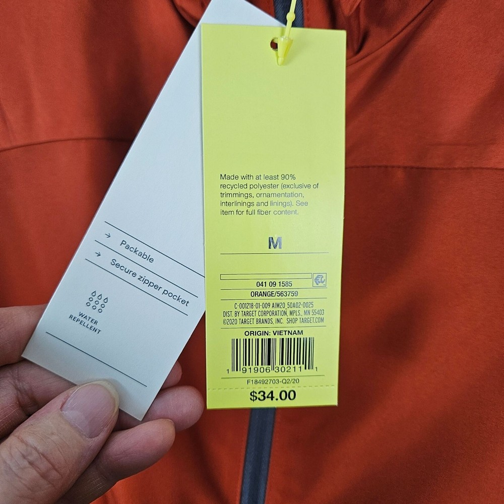 All In Motion Men Jacket Size Medium Lightweight Water Repellent Rust/Orange Zip