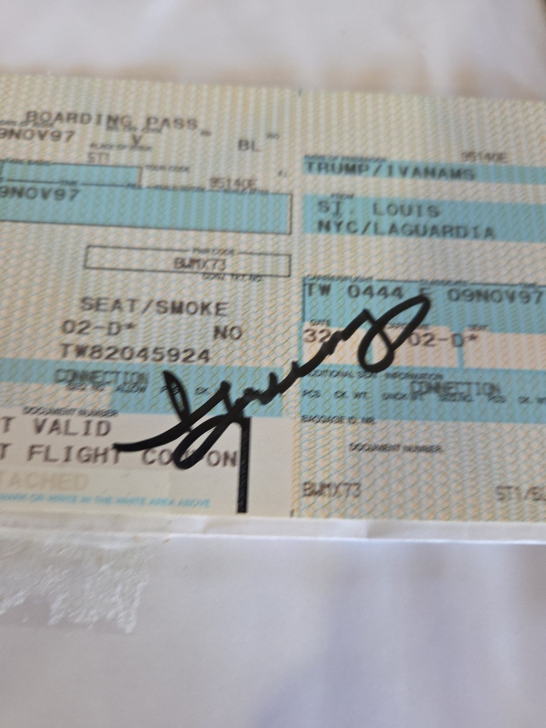 Ivana Trump Autographed Boarding Pass