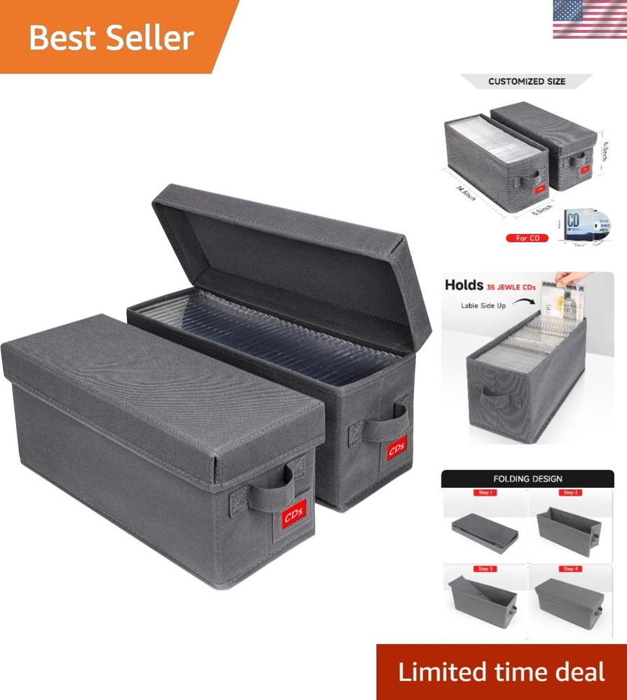 2-Pack Stackable CD Storage Box - Elegant Grey Organizer for 70 Jewel Cases