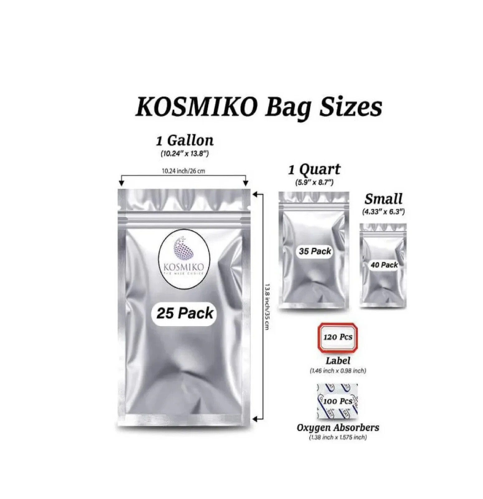 100 Pack Mylar Bags for Food Storage with 100x300cc Oxygen Absorbers