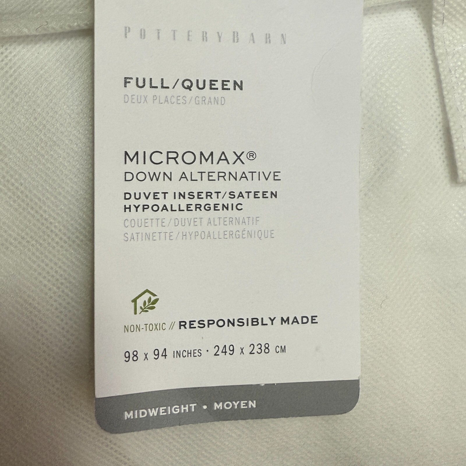 POTTERY BARN MICROMAX LUXE FULL/QUEEN DUVET INSERT MIDWEIGHT AAFA CERTIFIED