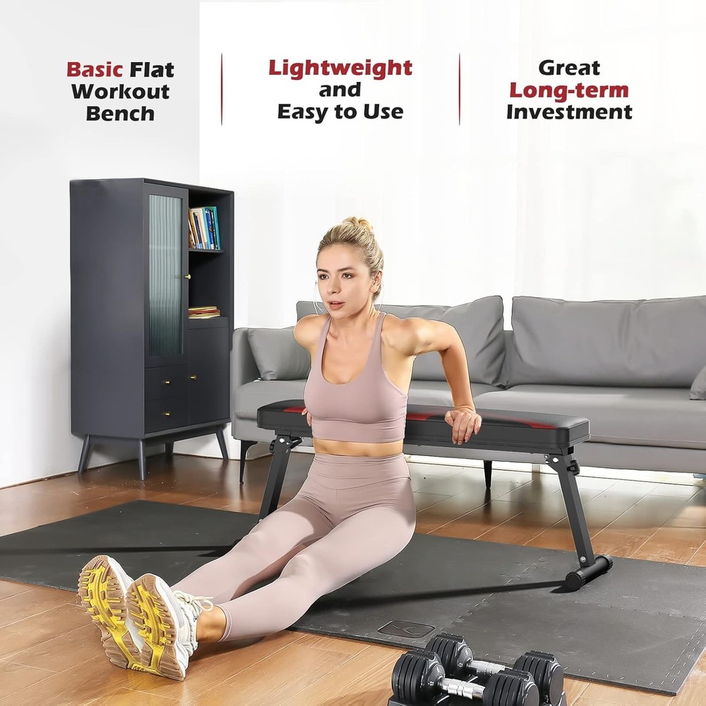 FLYBIRD Flat Bench, Foldable Weight Bench Easy Assembly for A-Red