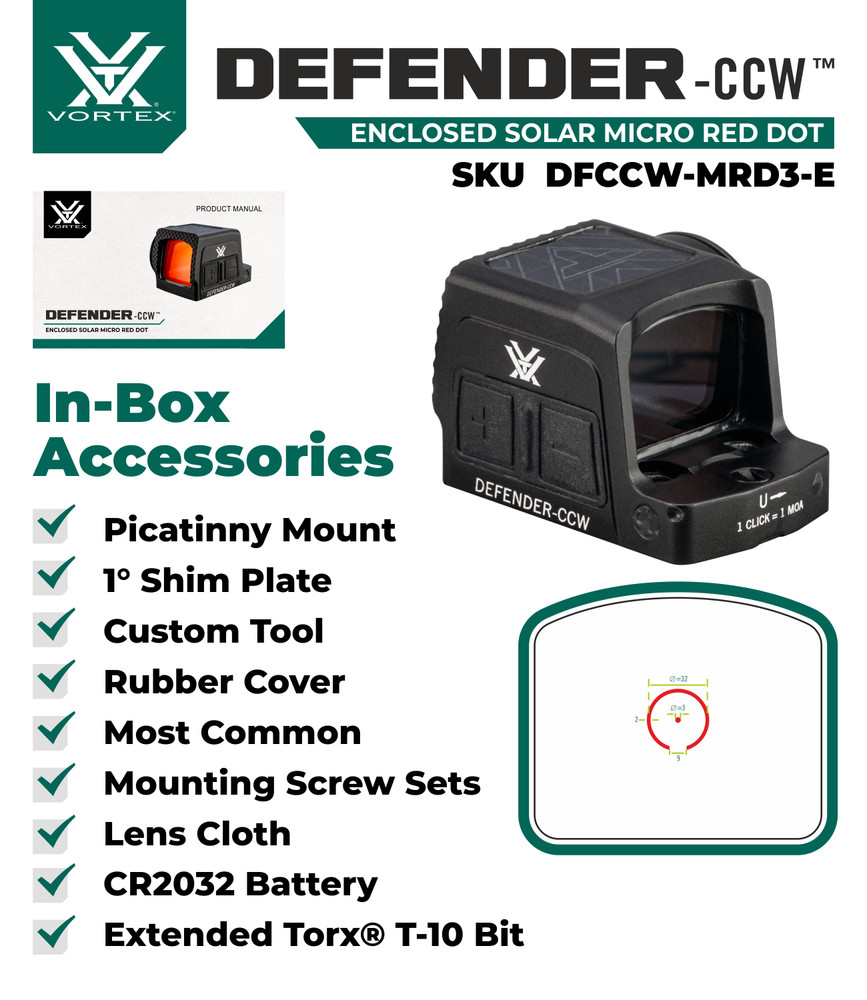 Vortex Optics Defender-CCW Enclosed Solar 3 MOA Dot/32 MOA Circle Micro Red Dot