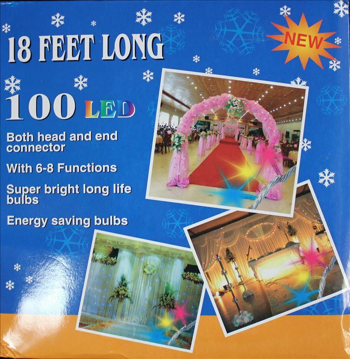 18 Ft. Long, Christmas 100 LED lights, 6-8 functions, Multicolor or White Lights