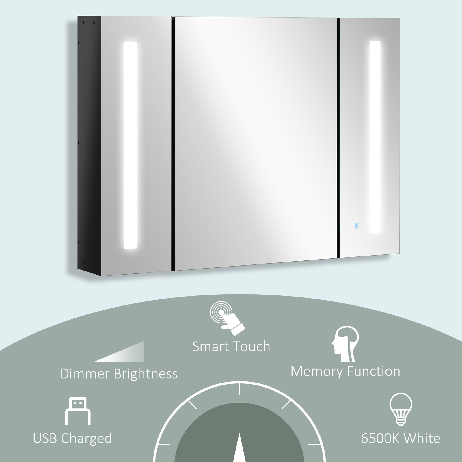 LED Medicine Cabinet Wall-Mounted Bathroom 3 Mirrored Door High Gloss Black